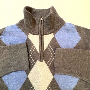 100% Extrafine Merino Wool Men Large Argyle 1/4 Zip Sweater Gray Blue Italy EUC!